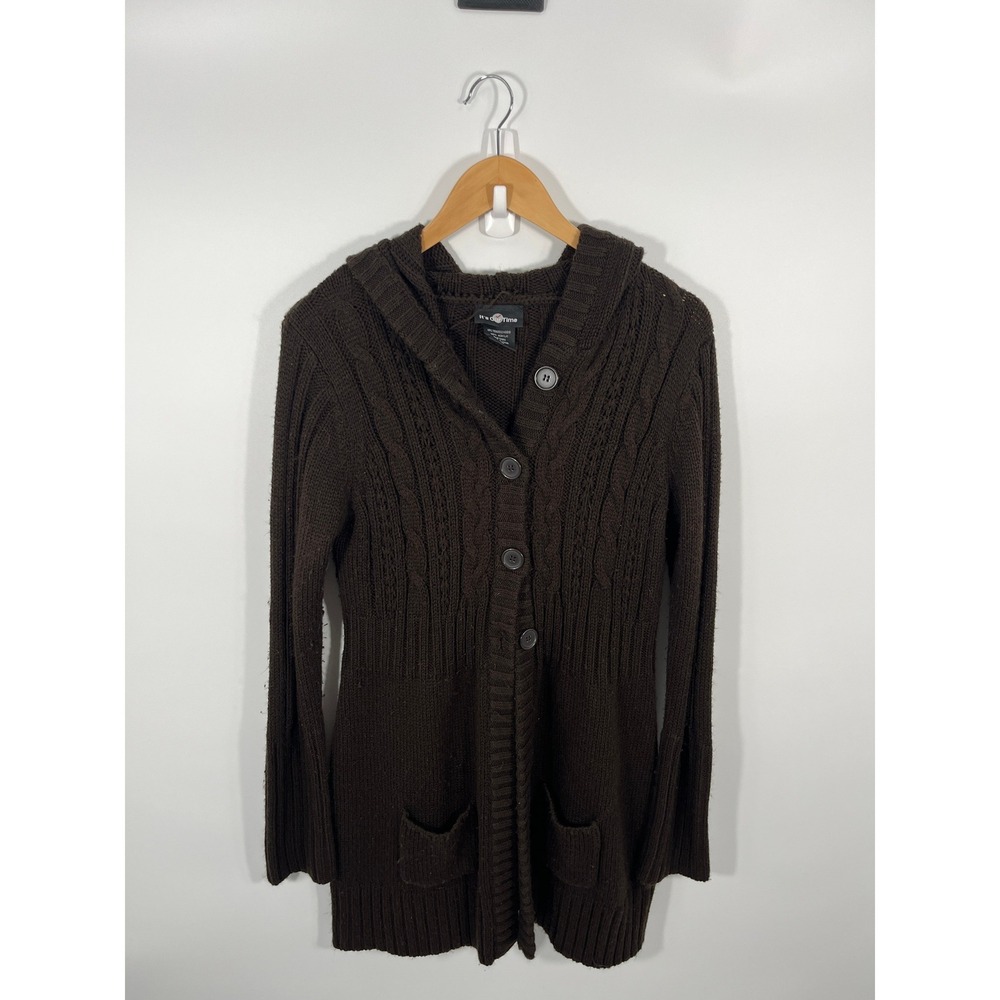 Vintage Y2K Womens Cardigan XL Brown Hood Cable Knit Forest Fairy Soft Girl